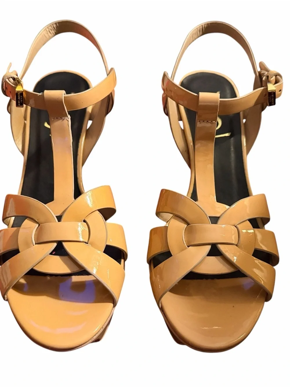 Saint Laurent Tan Patent Leather Knotted Slingback Heels with Gold Hardware - Picture 2 of 9